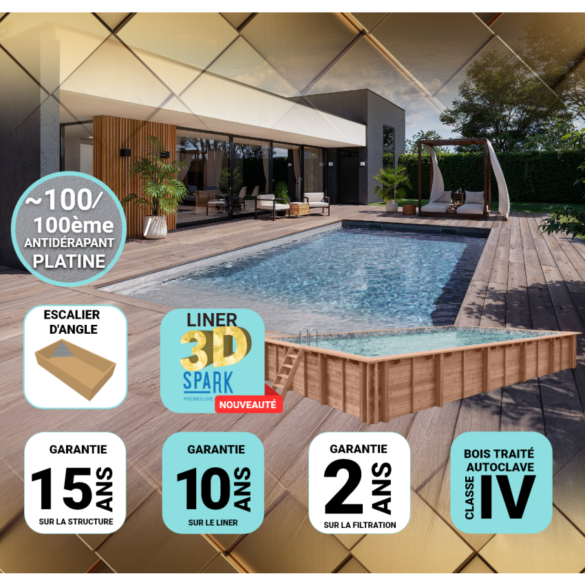 Piscine Bois PRESTIGE Rectangulaire avec Escalier d'Angle SPARK 1220x520x145cm Liner Relief 3D