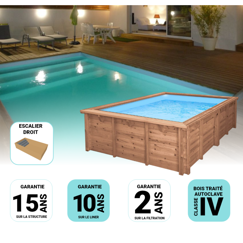 Piscine Bois Luxe Rectangulaire  avec Escalier 620x420x145cm