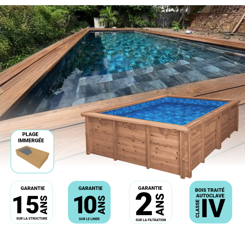 Piscine Bois Luxe Rectangulaire avec Plage immergée + Escalier 620x420x145cm Pierre de Bali