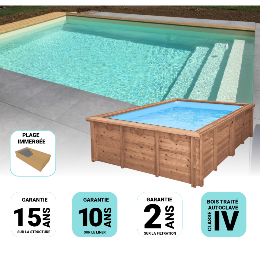 Piscine Bois Luxe Rectangulaire avec Plage immergée + Escalier 620x420x145cm