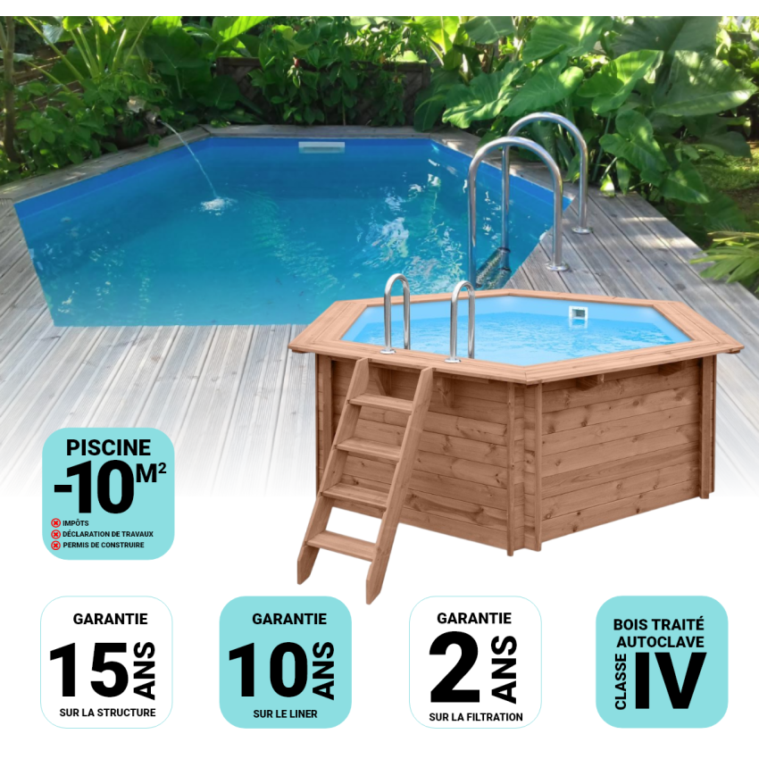 Piscine Bois Hexagonale UBBINK AZURA 410x120 cm Liner Bleu + Bâche à bulle offerte