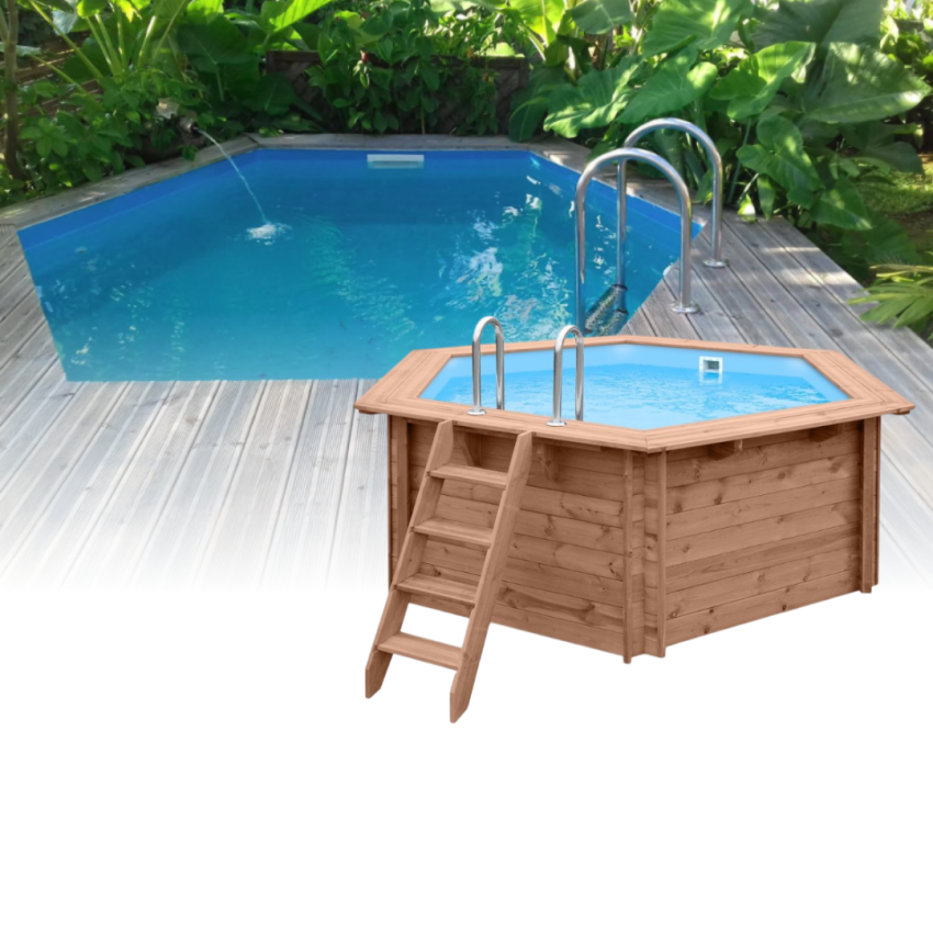 Piscine Bois Hexagonale UBBINK AZURA 410x120 cm Liner Bleu + Bâche à bulle offerte