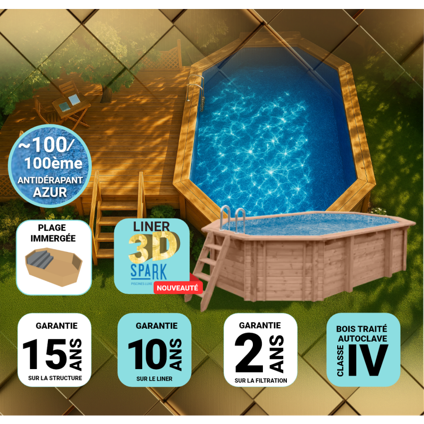 Piscine Bois PRESTIGE Octogonale allongée avec Escalier 807x457x131cm Liner Relief 3D
