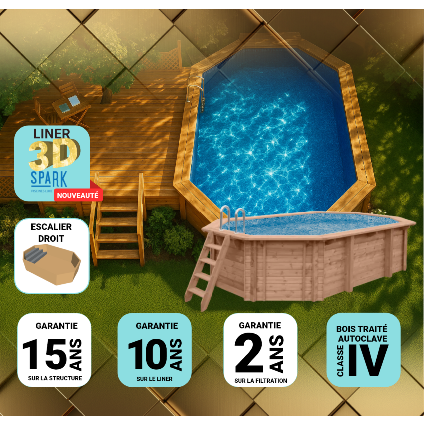 Piscine Bois PRESTIGE Octogonale allongée avec Escalier 807x457x131cm Liner Relief 3D