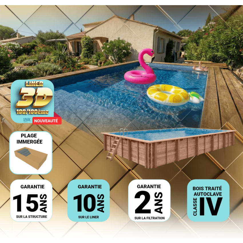 Piscine bois UBBINK PREMIUM avec Plage immergée + Escalier 555x300x140cm Liner Relief 3D