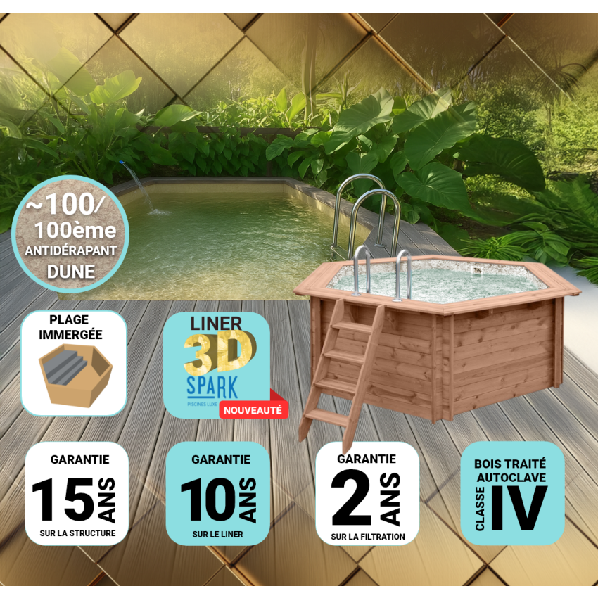 Piscine Bois Spark PRESTIGE Ronde Hexagonale avec Plage immergée SPARK ⌀ 395x115cm Liner Relief 3D
