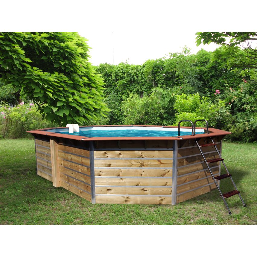 Piscine bois Octogonale Allongée LUCON 590x420x111cm Liner bleu