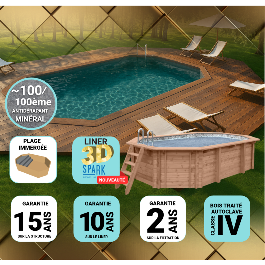 Piscine Bois PRESTIGE Octogonale allongée avec Escalier SPARK 612x407x131cm Liner Relief 3D