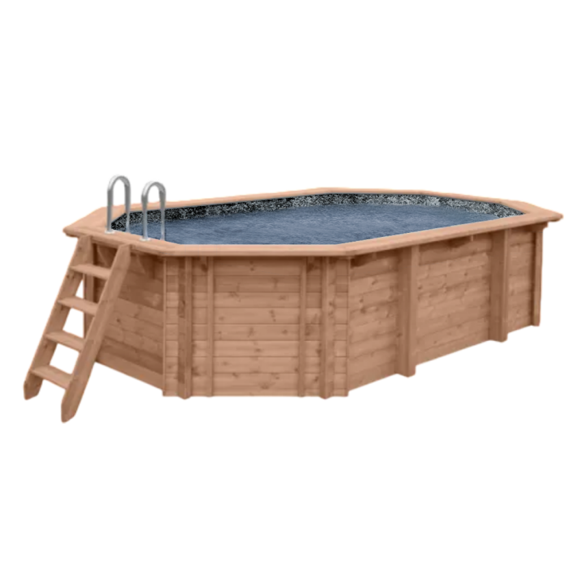 Piscine Bois PRESTIGE Octogonale allongée SPARK avec Plage Immergée + Escalier 612x407x131cm Liner Relief 3D