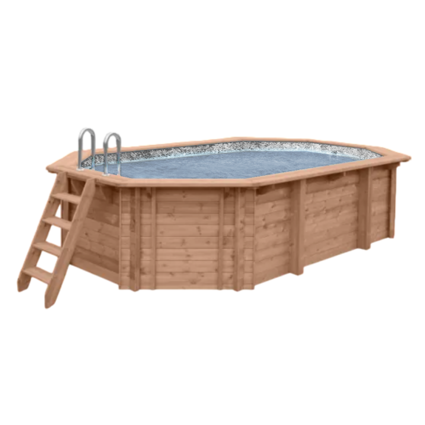 Piscine Bois PRESTIGE Octogonale Allongée SPARK avec Escalier 541x336x131cm Liner Relief 3D