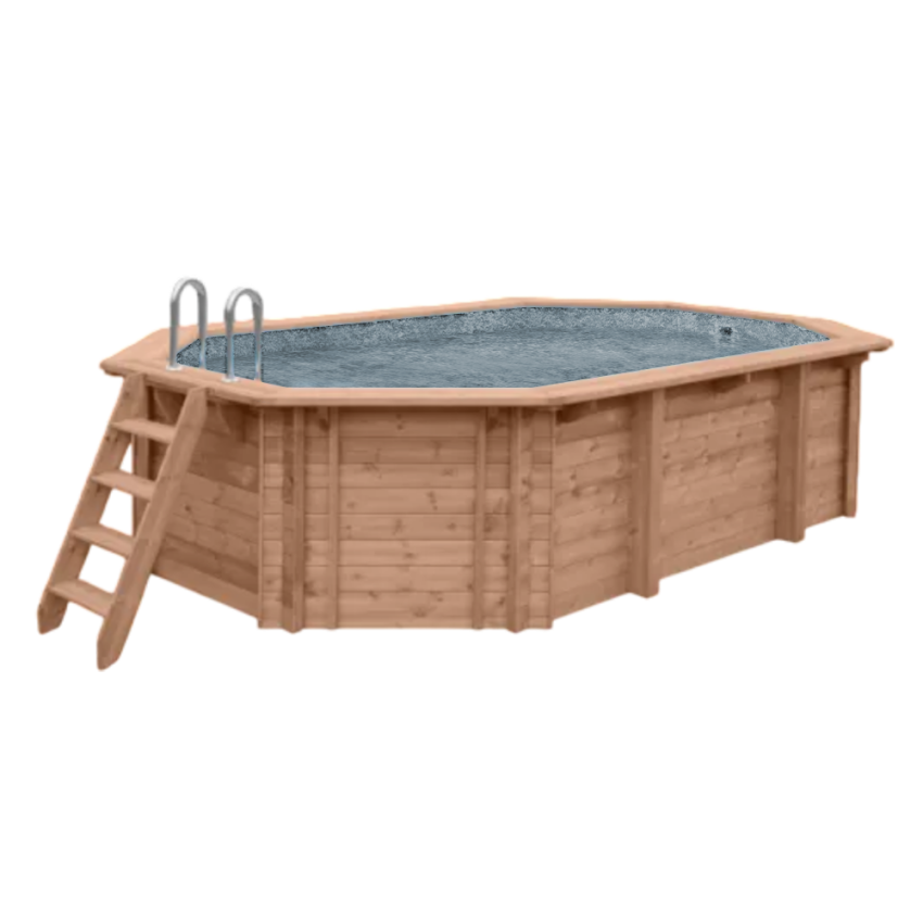 Piscine Bois PRESTIGE Octogonale allongée avec Escalier SPARK 612x407x131cm Liner Relief 3D