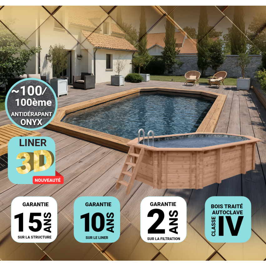Piscine bois Allongée UBBINK AQUABELLE PREMIUM 750x400x130cm Liner Relief 3D