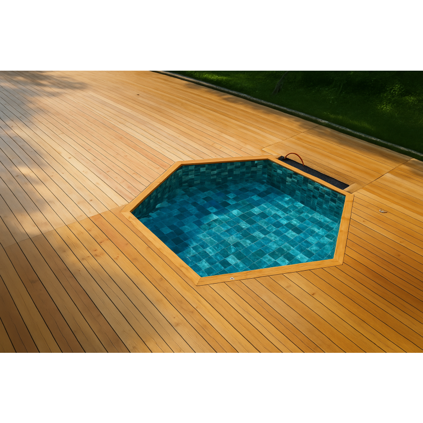 Piscine Bois Spark Ronde Hexagonale avec Plage immergée + Escalier ⌀395x115cm Pierre de Bali