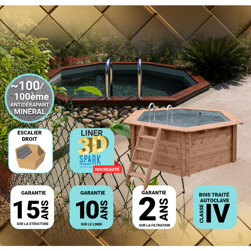 Piscine Bois PRESTIGE Diamant Ronde avec escalier SPARK ⌀360x131cm Liner Relief 3D