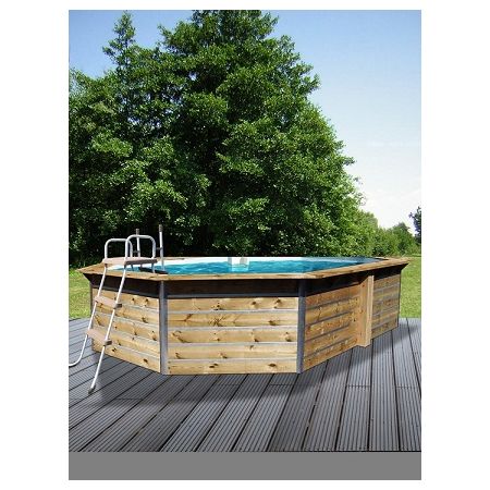 Piscine bois Octogonale Allongée LUCON 590x420x111cm Liner bleu