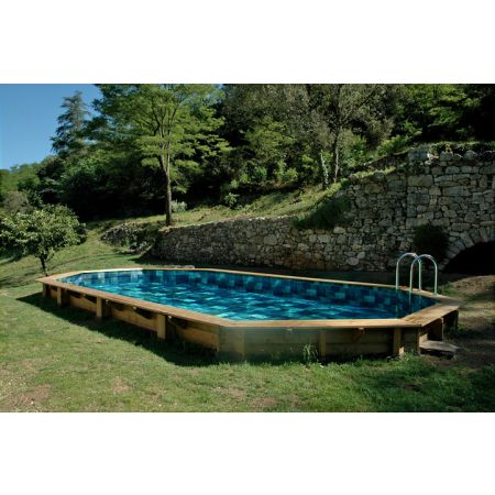 Piscine Bois Super Lucci Octogonale allongée avec Plage Immergée + Escalier 807x457x131 cm Pierre de Bali