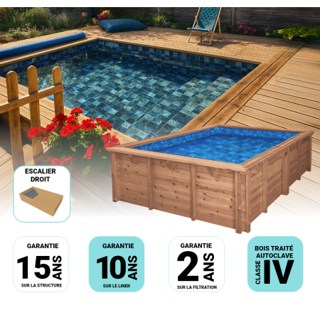 Piscine Bois carrée Tropicana Avec Escalier 320x320x145 cm Pierre de Bali