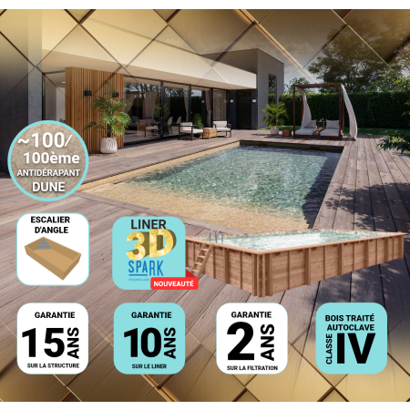 Piscine Bois PRESTIGE Rectangulaire avec Escalier d'Angle SPARK 720x400x145cm Liner Relief 3D