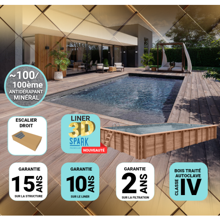 Piscine Bois PRESTIGE Rectangulaire SPARK avec Escalier 620x420x130cm Liner Relief 3D