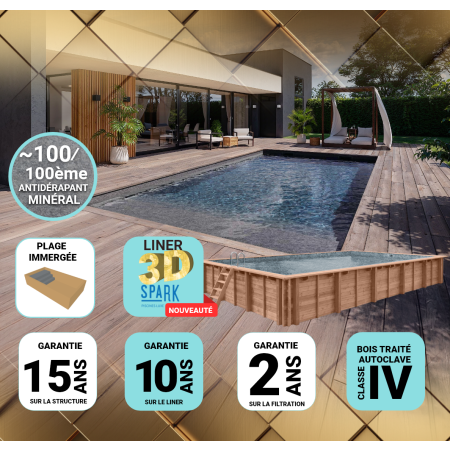 Piscine Bois PRESTIGE Rectangulaire avec Escalier SPARK 920x420x145cm Liner Relief 3D