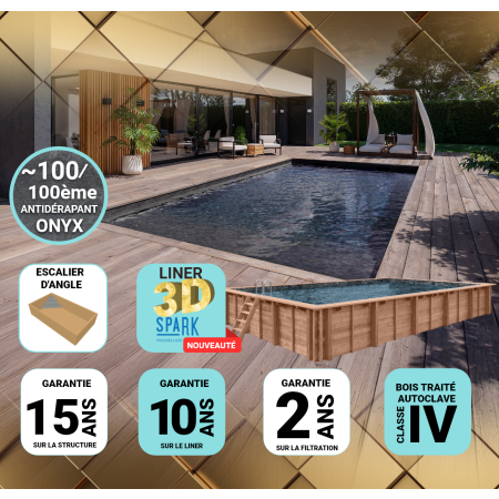 Piscine Bois PRESTIGE California Rectangulaire avec Escalier d'Angle SPARK 520x220x131cm Liner Relief 3D