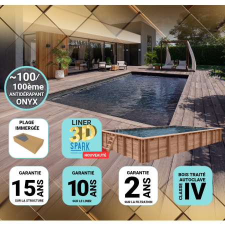 Piscine Bois PRESTIGE Rectangulaire avec Plage Immergée + Escalier SPARK 520x320x131cm Liner Relief 3D