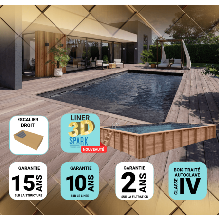 Piscine Bois PRESTIGE LUNA Rectangulaire avec Escalier SPARK 350x270x70cm Liner Relief 3D