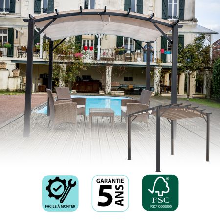 Pergola arche structure mixte aluminium/acier coloris gris / Surf. de protection : 11,22 m2 / toit en toile polyester 140 gr/m2 