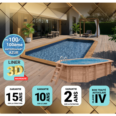 Piscine bois PRESTIGE Octogonale Allongée SPARK avec Plage Immergée + Escalier 541x336x131cm Liner Relief 3D