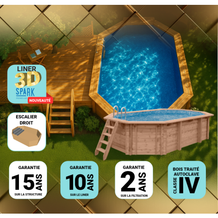 Piscine Bois PRESTIGE Octogonale allongée avec Escalier 807x457x131cm Liner Relief 3D