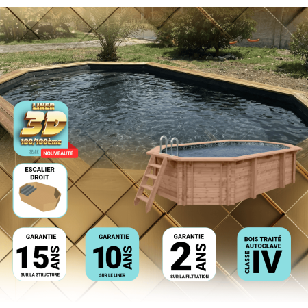 Piscine Bois PRESTIGE Octogonale allongée avec Escalier SPARK 612x407x131cm Liner Relief 3D