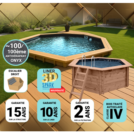 Piscine Bois Spark PRESTIGE Ronde Hexagonale Avec Escalier SPARK ⌀ 395x115cm Liner Relief 3D