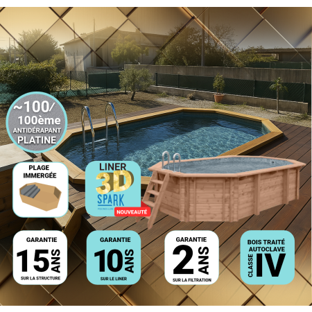 Piscine Bois PRESTIGE Octogonale Allongée SPARK 541x336x131cm Liner Relief 3D
